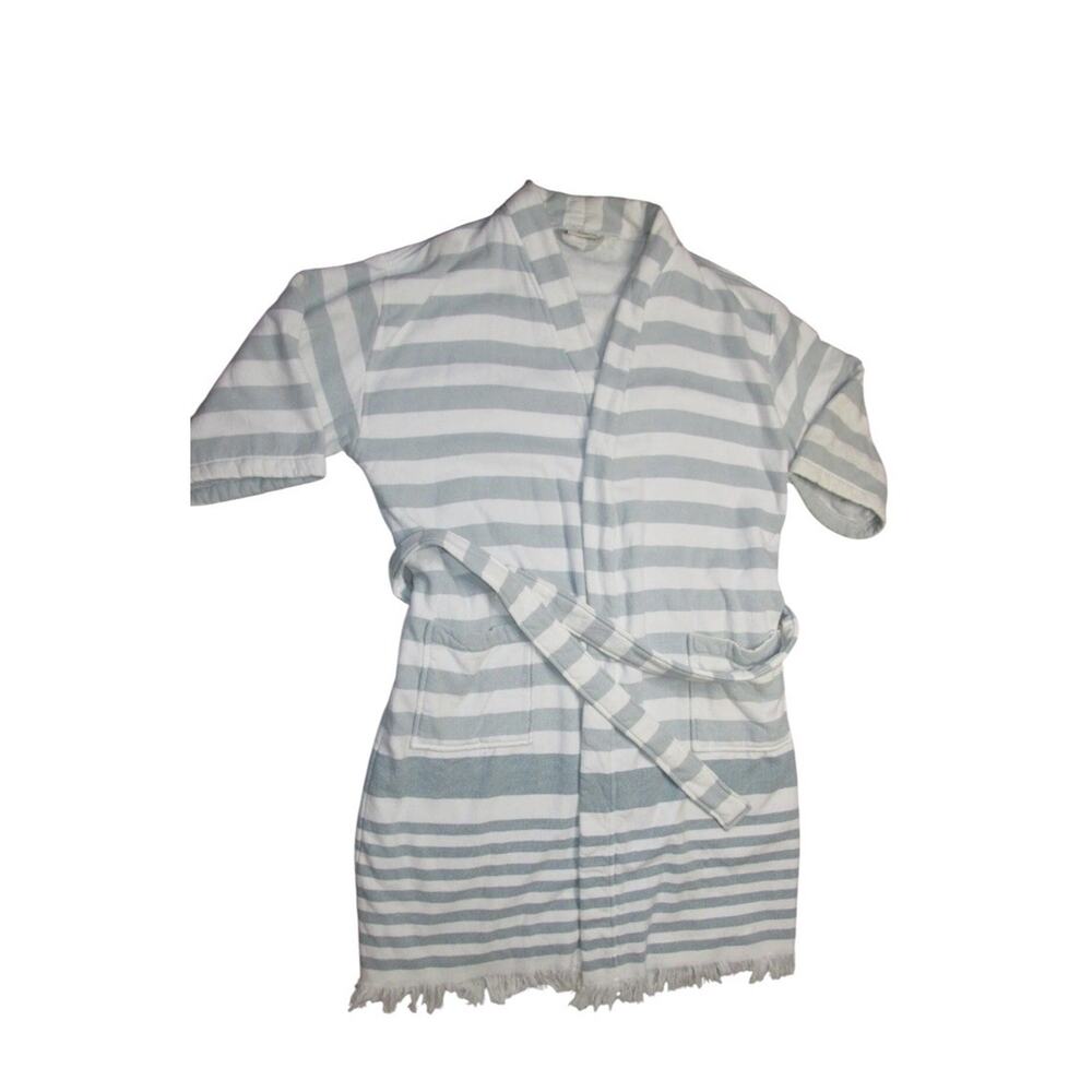 Hearth & Hand Magnolia L Striped Cotton Robe Fringe Hem Belted Bath Spa‎ Kimono